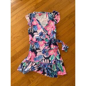 Lilly Pulitzer Floral Wrap Mini Dress Romper - Pink, Blue, Green